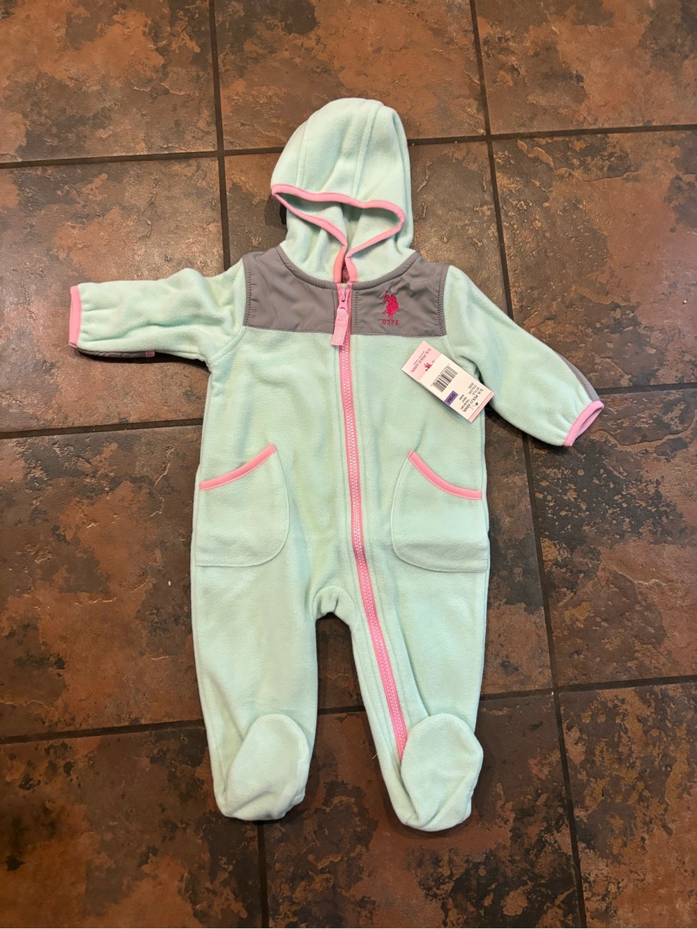 🏀U.S. Polo Assn. Mint Green and Pink Fleece Baby Footie with Hood